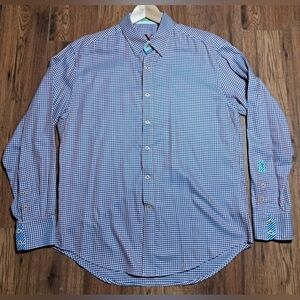 Robert Graham X Men's Shirt  Blue Houndstooth Check Soft Cotton Casual Size XL